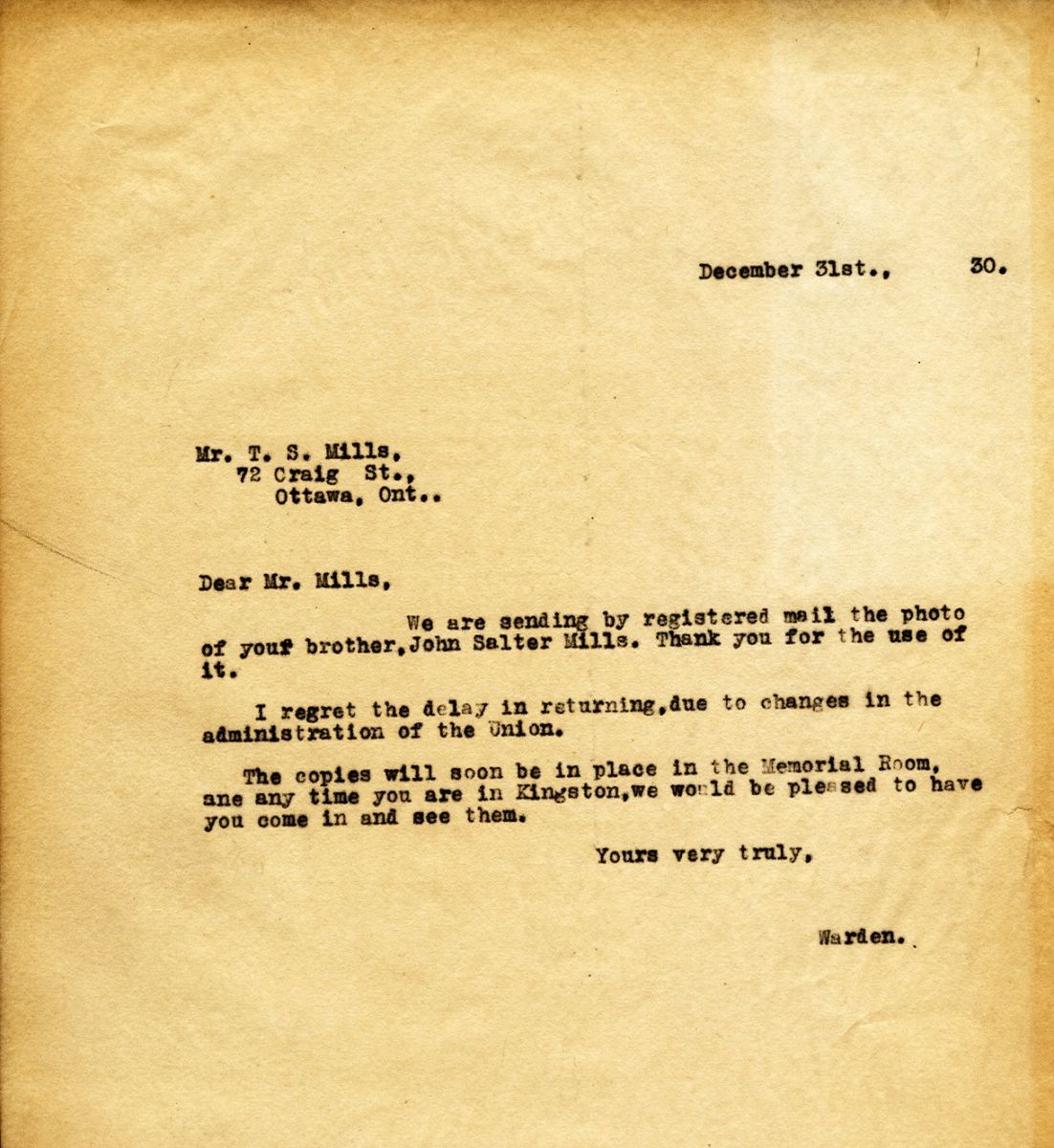 Letter from the Warden to Mr. J.S. Mills, 31st December 1930