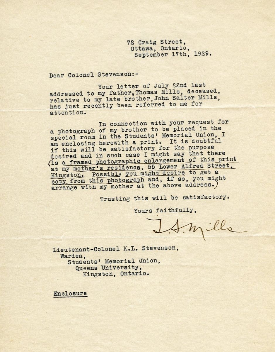 Letter from J.S. Mills to Lt. Col. K.L. Stevenson, 17th September 1929