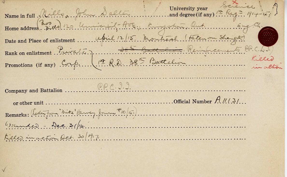 University Military Service Record of Mills