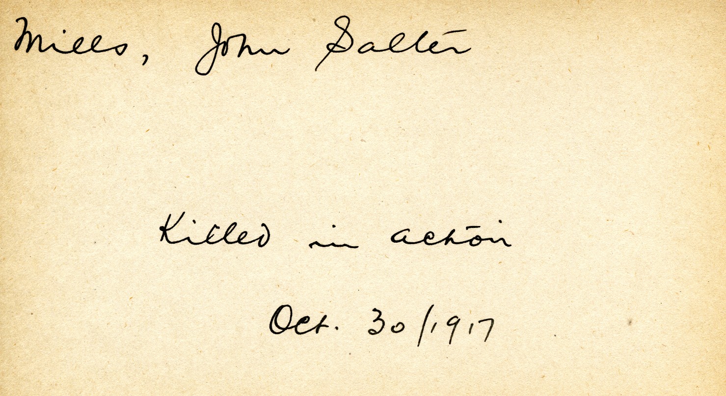 Card Describing Cause of Death of Mills, 30th October 1917
