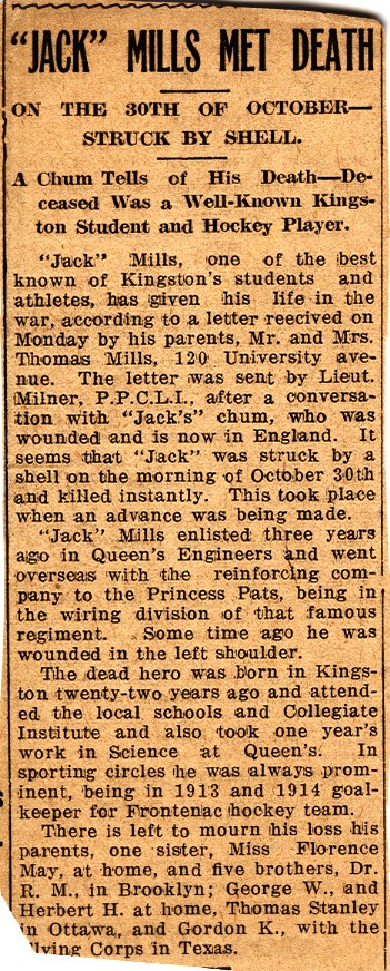 News Clipping Reporting Death of Mills
