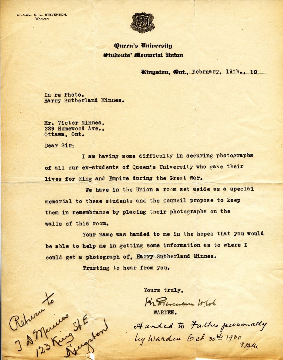 Letter from the Warden to Mr. Victor Minnes, 19th February 1919