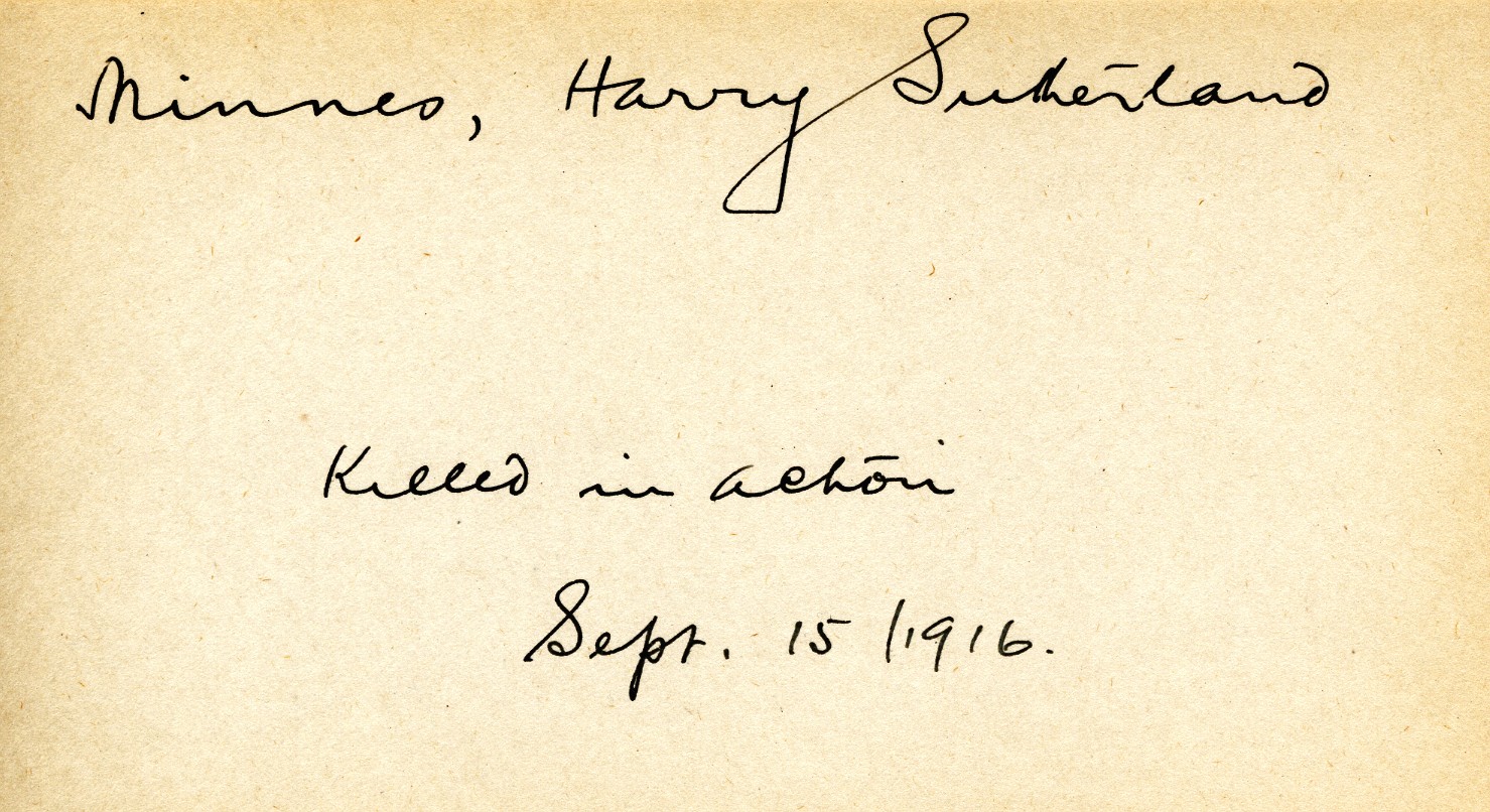 Card Describing Cause of Death of Minnes, 15th September 1916