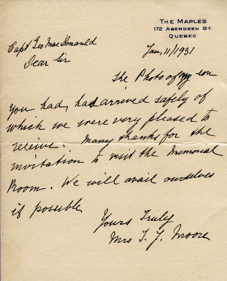 Letter from Mrs. J.F. Moore to Captain MacDonald, 11th January 1931