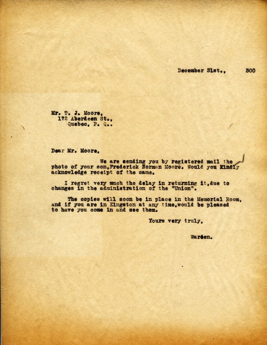 Letter from the Warden to Mr.T.J. Moore, 31st December 1930