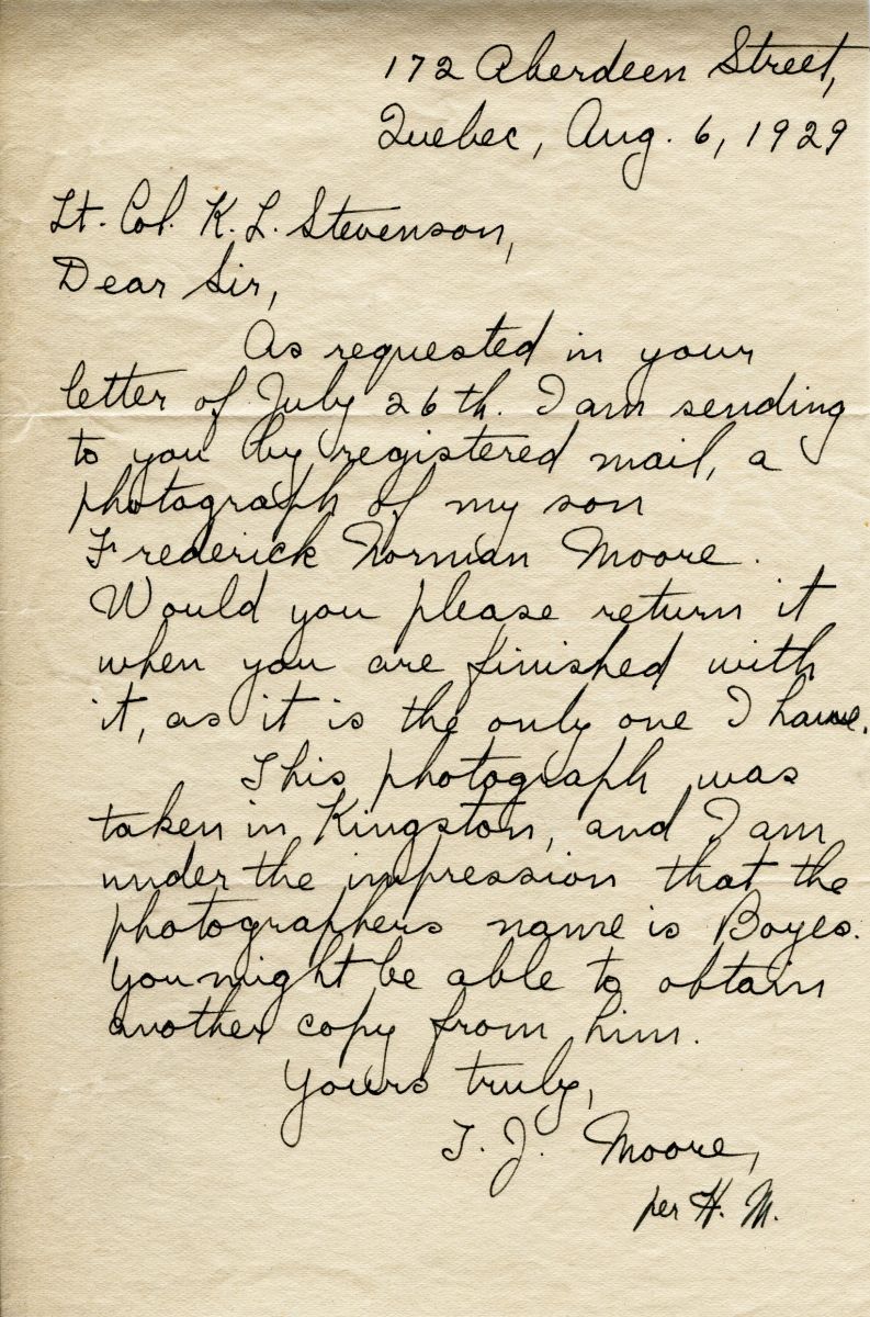 Letter from T.J. Moore to Lt. Col. K.L. Stevenson, 6th August 1929