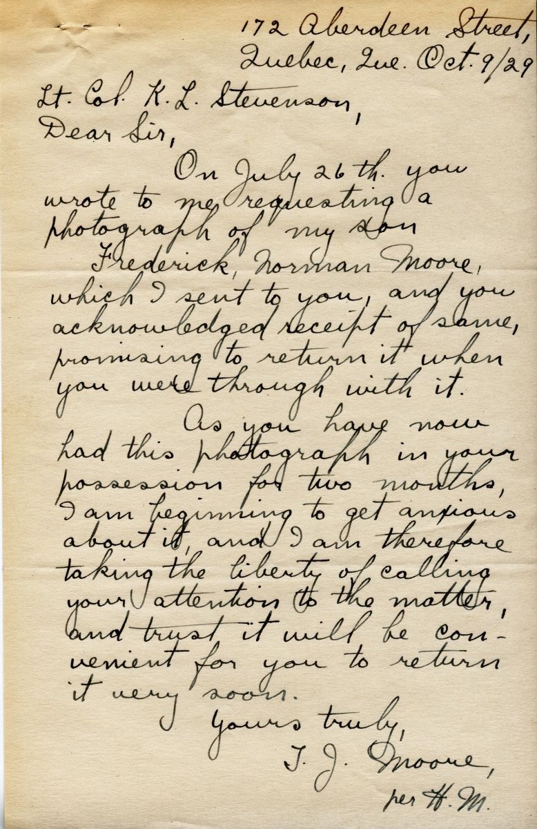 Letter from T.J. Moore to Lt. Col. K.L. Stevenson, 9th October 1929