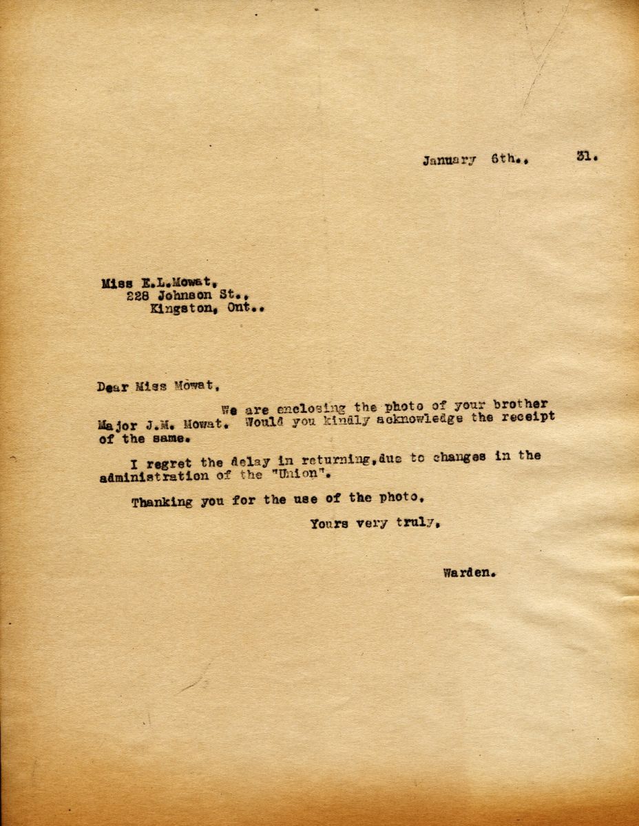 Letter from the Warden to Miss K.L. Mowat, 6th January 1931