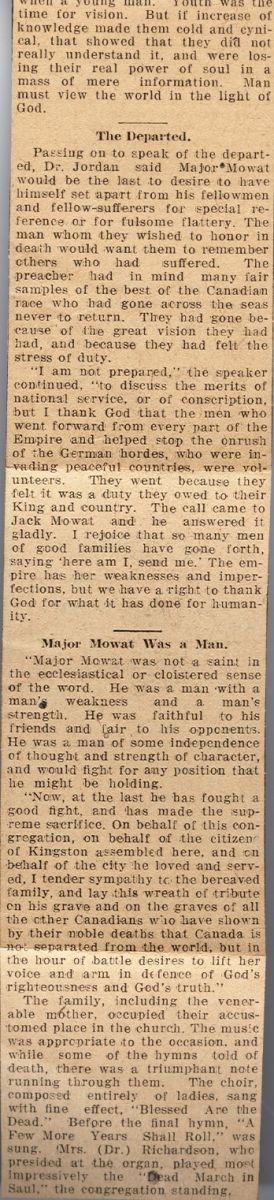 News Clipping Reporting Death of Mowat