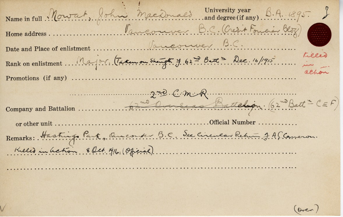 University Military Service Record of Mowat, Front Page