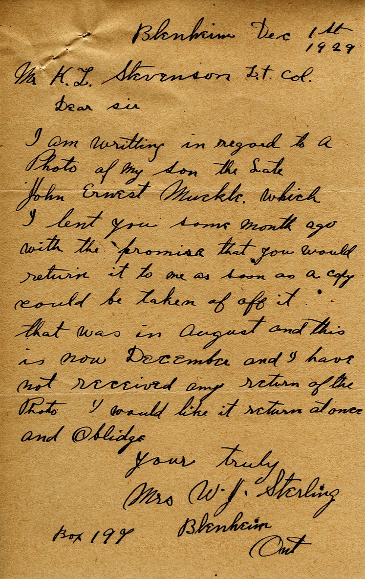 Letter from Mrs. W.J. Sterling to Lt. Col. K.L. Stevenson, 1st December 1929