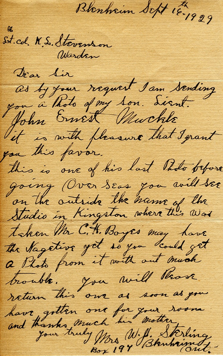 Letter from Mrs. W.J. Sterling to Lt. Col. K.L. Stevenson, 14th September 1929