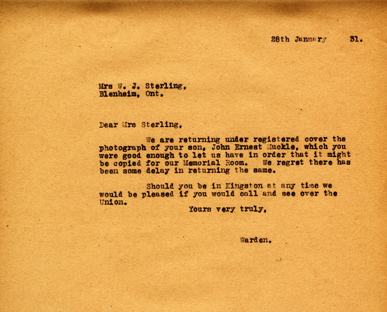 Letter from the Warden to Mrs. W.J. Sterling, 28th January 1931