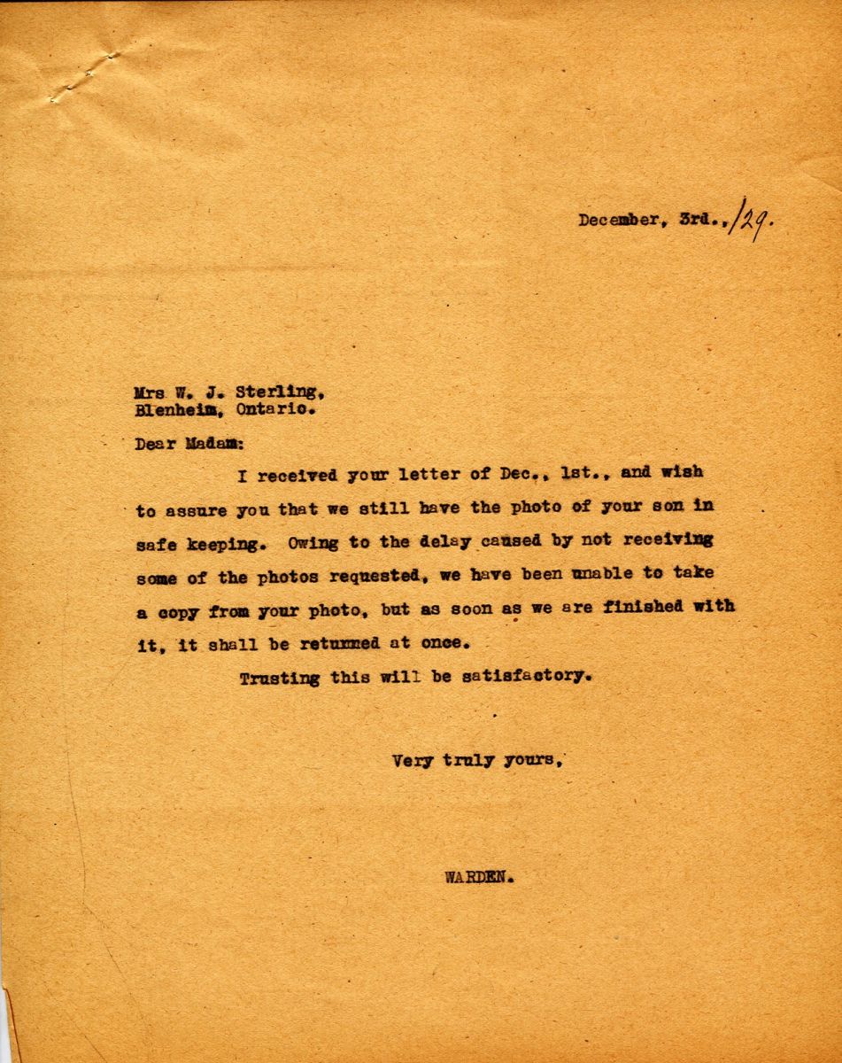 Letter from the Warden to Mrs. W.J. Sterling, 3rd December 1929