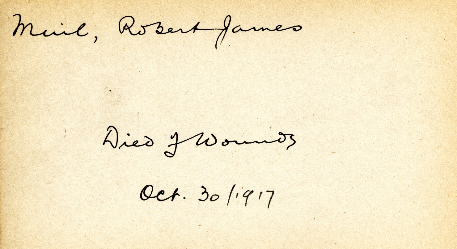 Card Describing Cause of Death of Robert James Muil, 30th October 1917