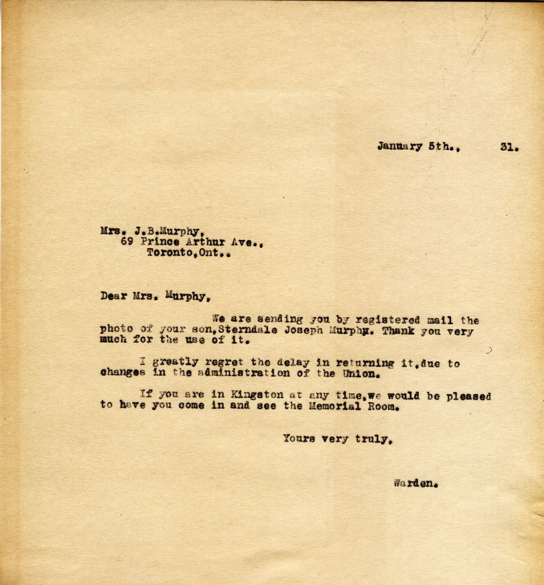 Letter from the Warden to Mrs. J.B. Murphy, 5th January 1931