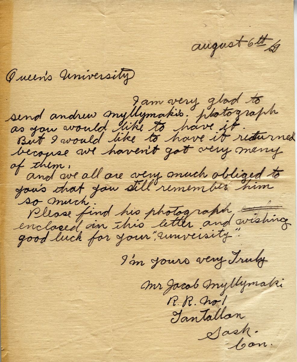 Letter from Mr. Jacob Myllymaki to Queen's University, 6th August 1929