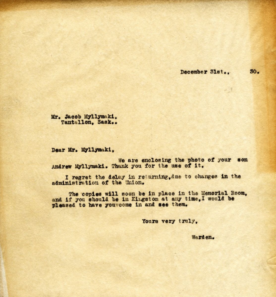 Letter from the Warden to Mr. Jacob Myllymaki, 31st December 1930