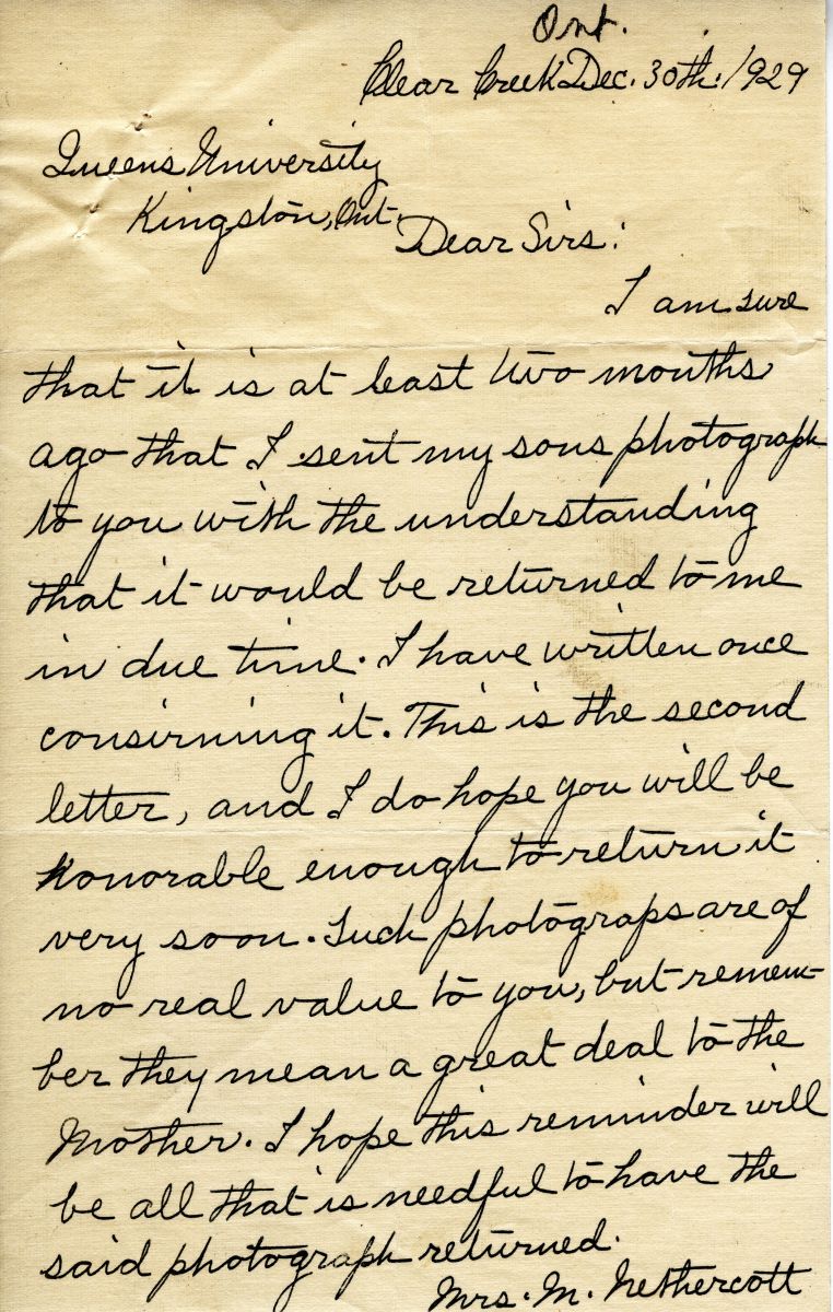 Letter from Mrs. M. Nethercott to Queen's University, 30th December 1929