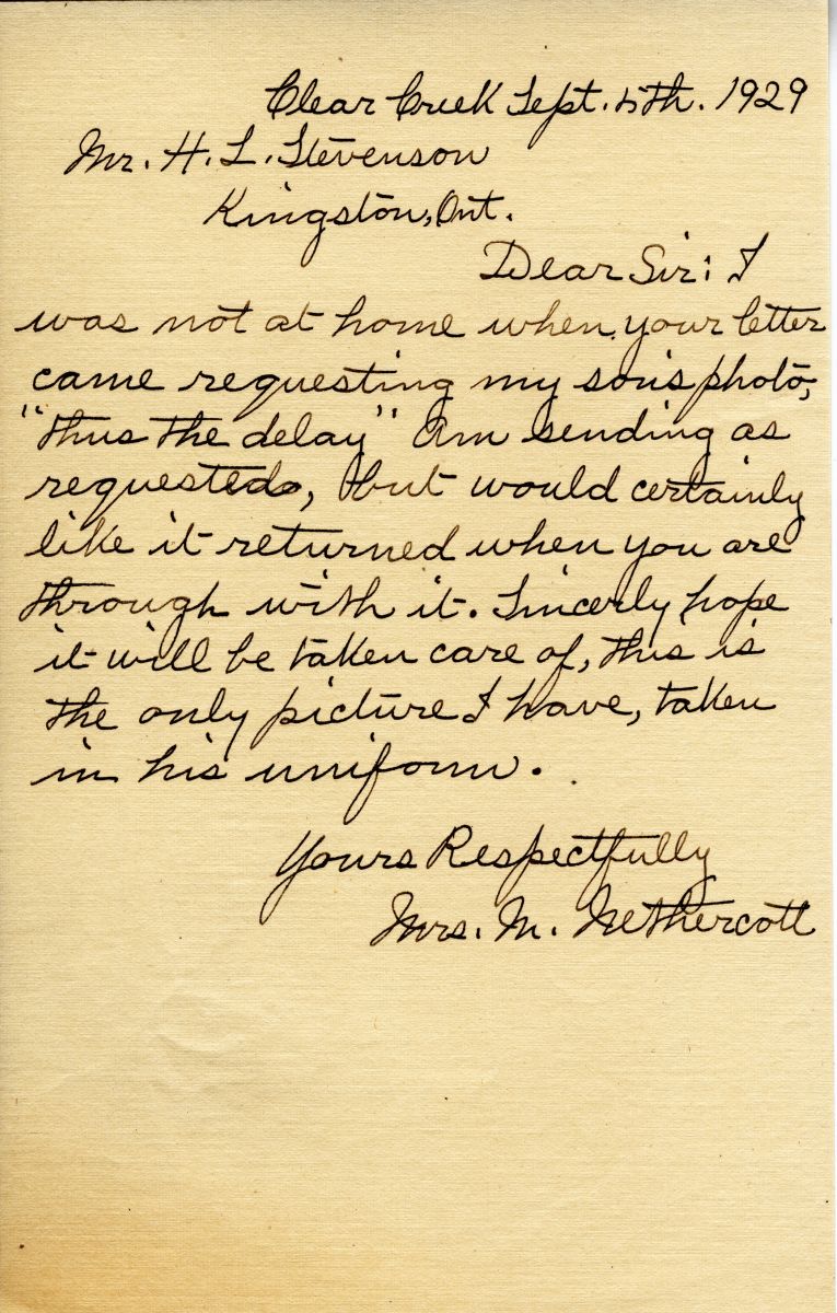 Letter from Mrs. M. Nethercott to Lt. Col. K.L. Stevenson, 5th September 1929