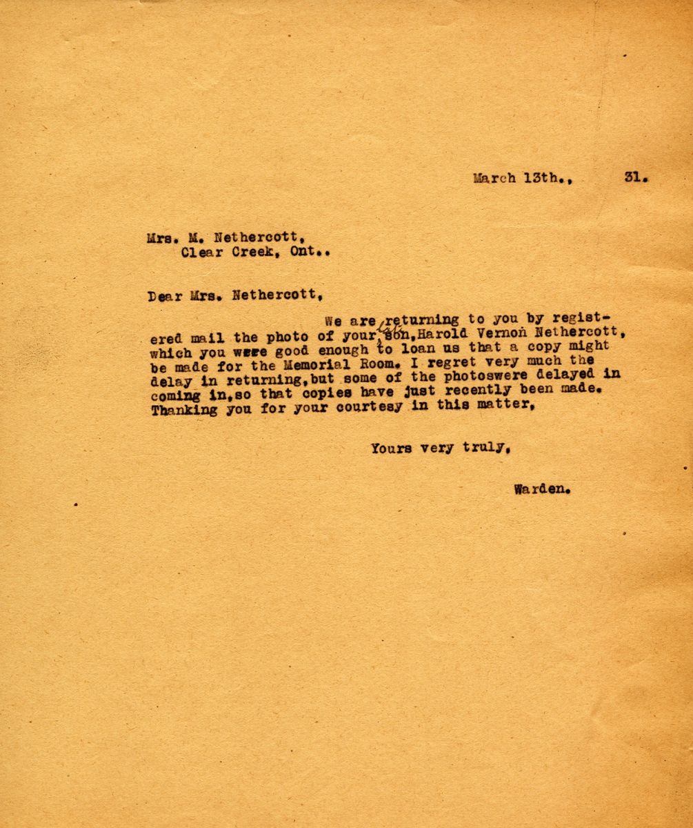 Letter from the Warden to Mrs. M. Nethercott, 13th March 1931