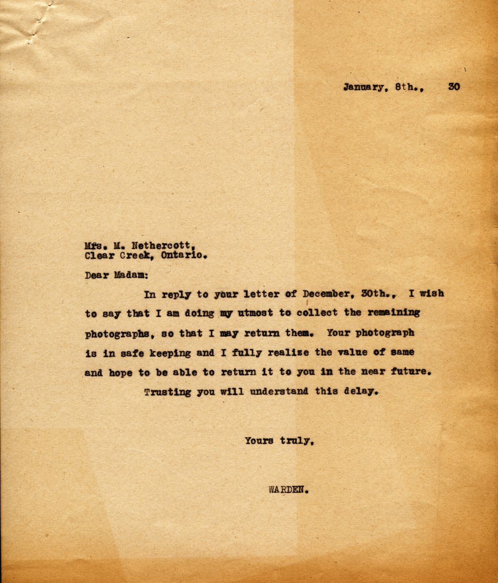 Letter from the Warden to Mrs. M. Nethercott, 8th January 1930