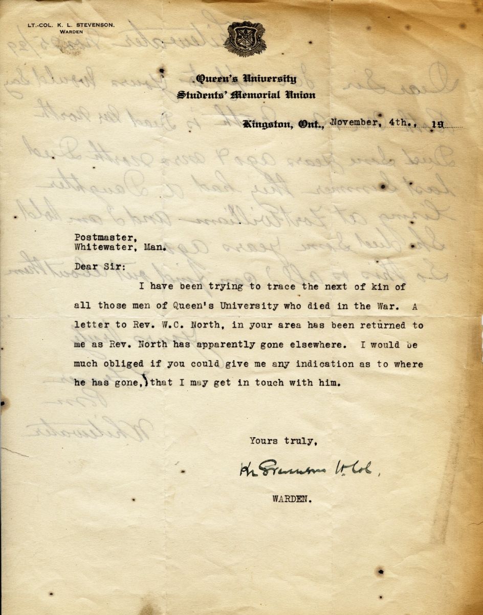 Letter from the Warden to the Postmaster of Whitewater, Manitoba, 4th November 1919