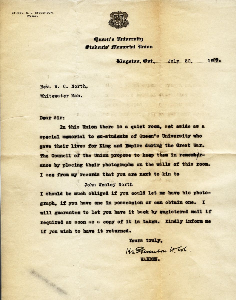 Letter from the Warden to Rev. W.C. North, 22nd July 1929
