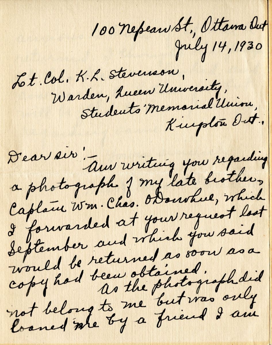 Letter from Miss Ann O'Donoghue to Lt. Col. K.L. Stevenson, 14th July 1930, Page 1