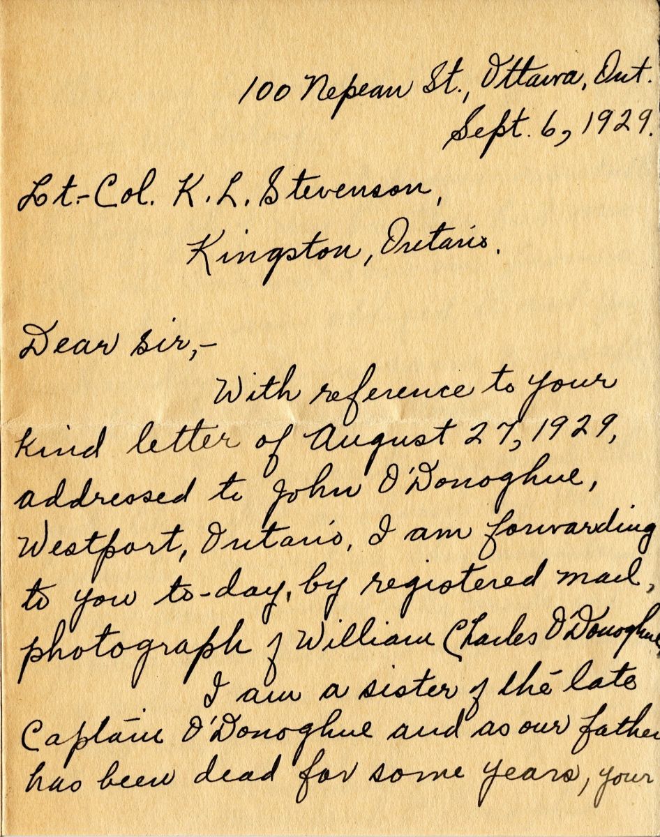 Letter from Miss Ann O'Donoghue to Lt. Col. K.L. Stevenson, 6th September 1929, Page 1