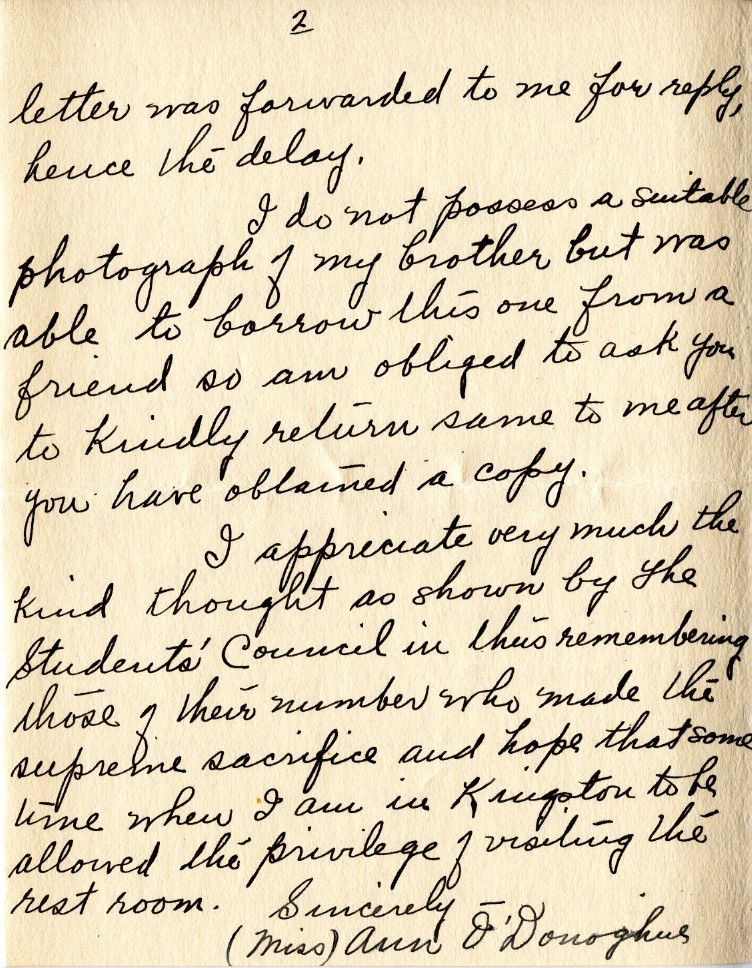 Letter from Miss Ann O'Donoghue to Lt. Col. K.L. Stevenson, 6th September 1929, Page 2