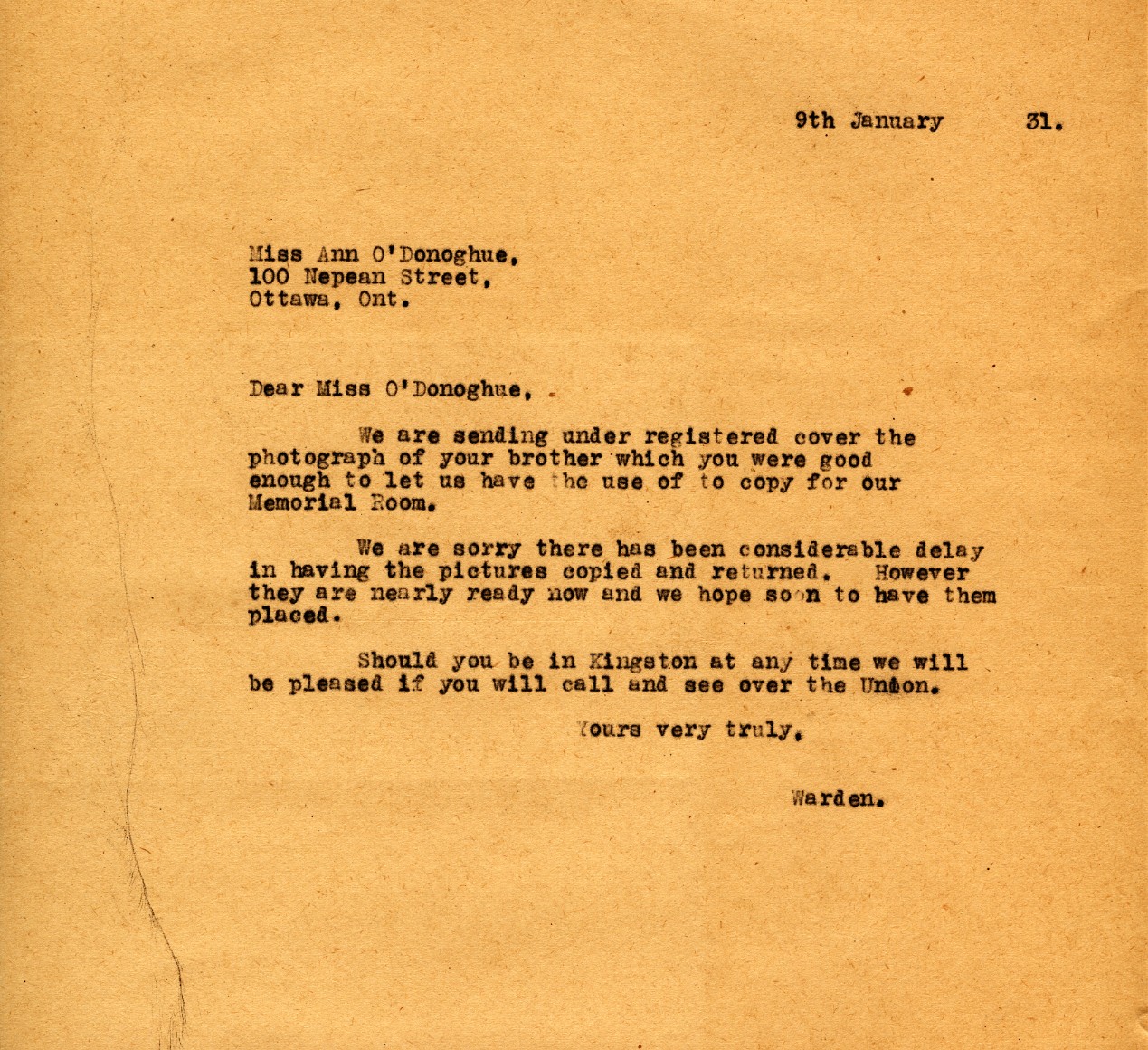 Letter from the Warden to Miss Ann O'Donoghue, 9th January 1931