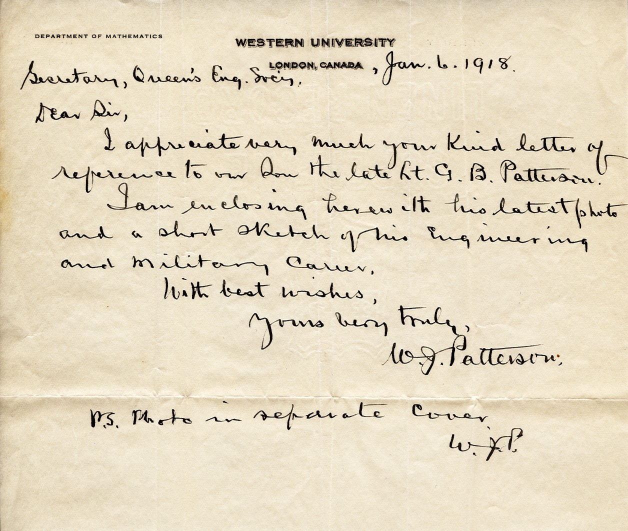 Letter from W.J. Patterson to Queen's University, 6th January 1916