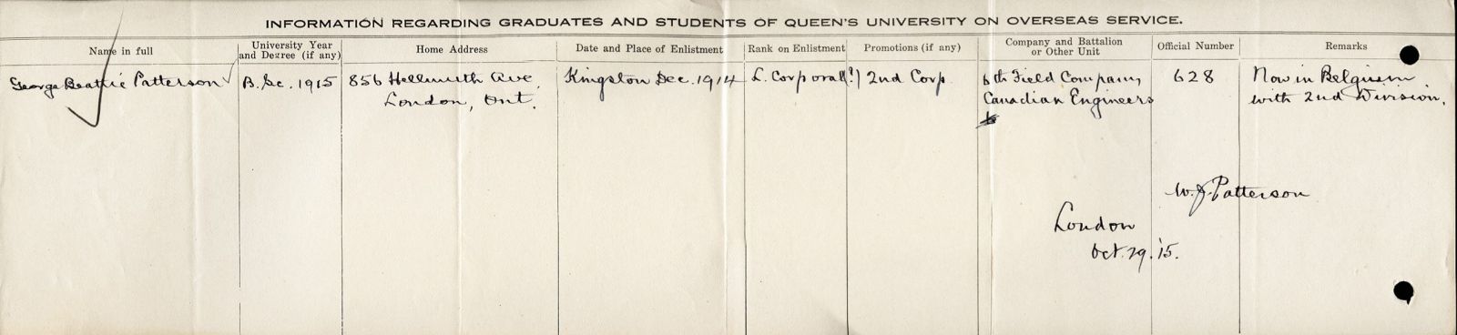 University Overseas Service Record of Patterson