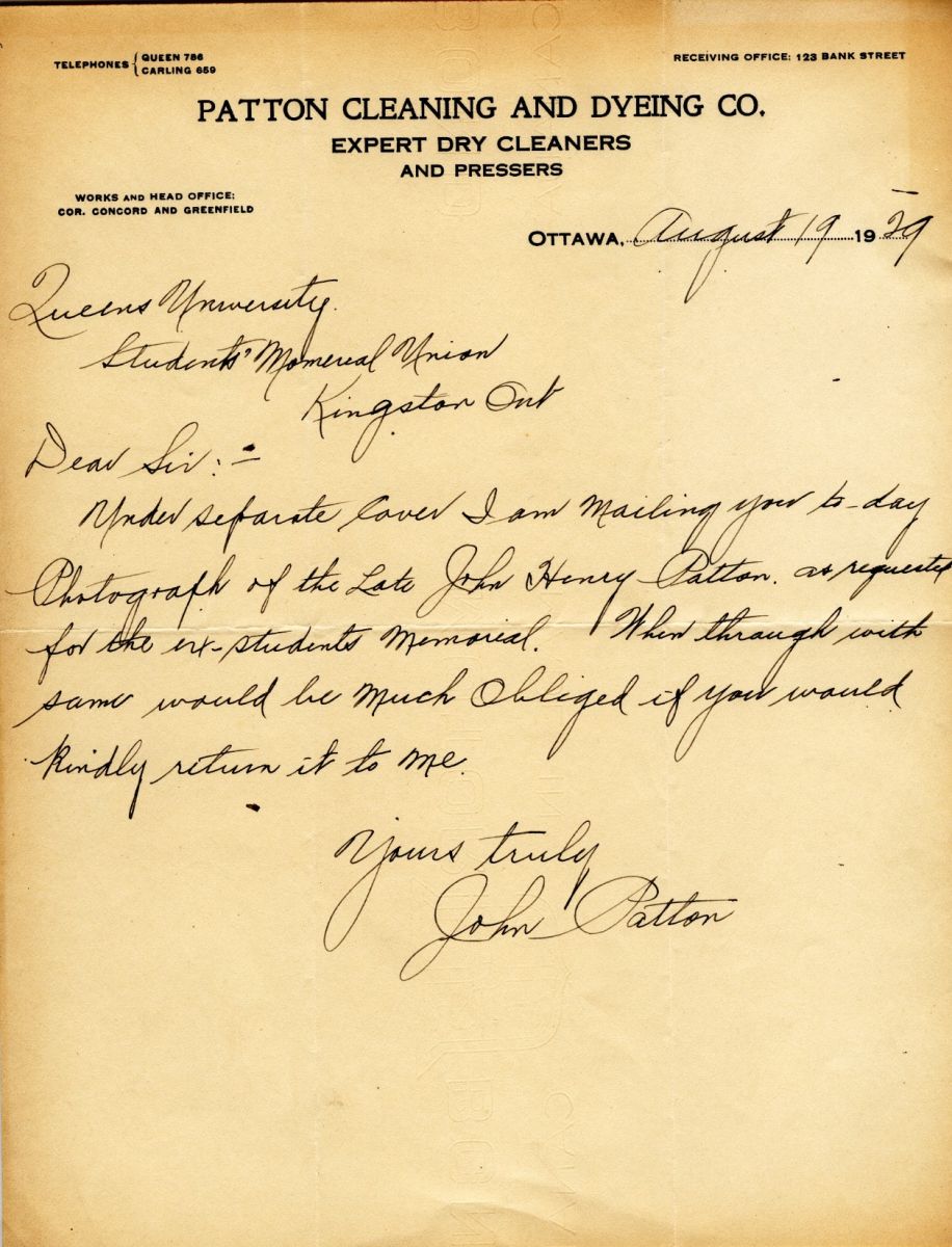 Letter from John Patton to Queen's University, 19th August 1929
