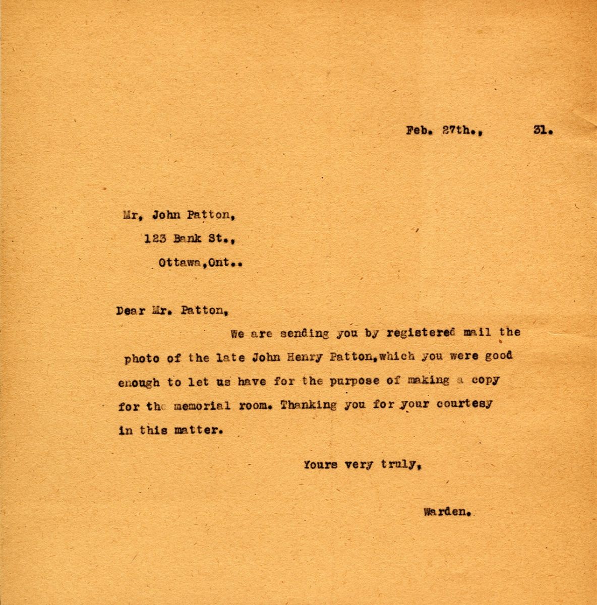 Letter from the Warden to Mr. John Patton, 27th February 1931