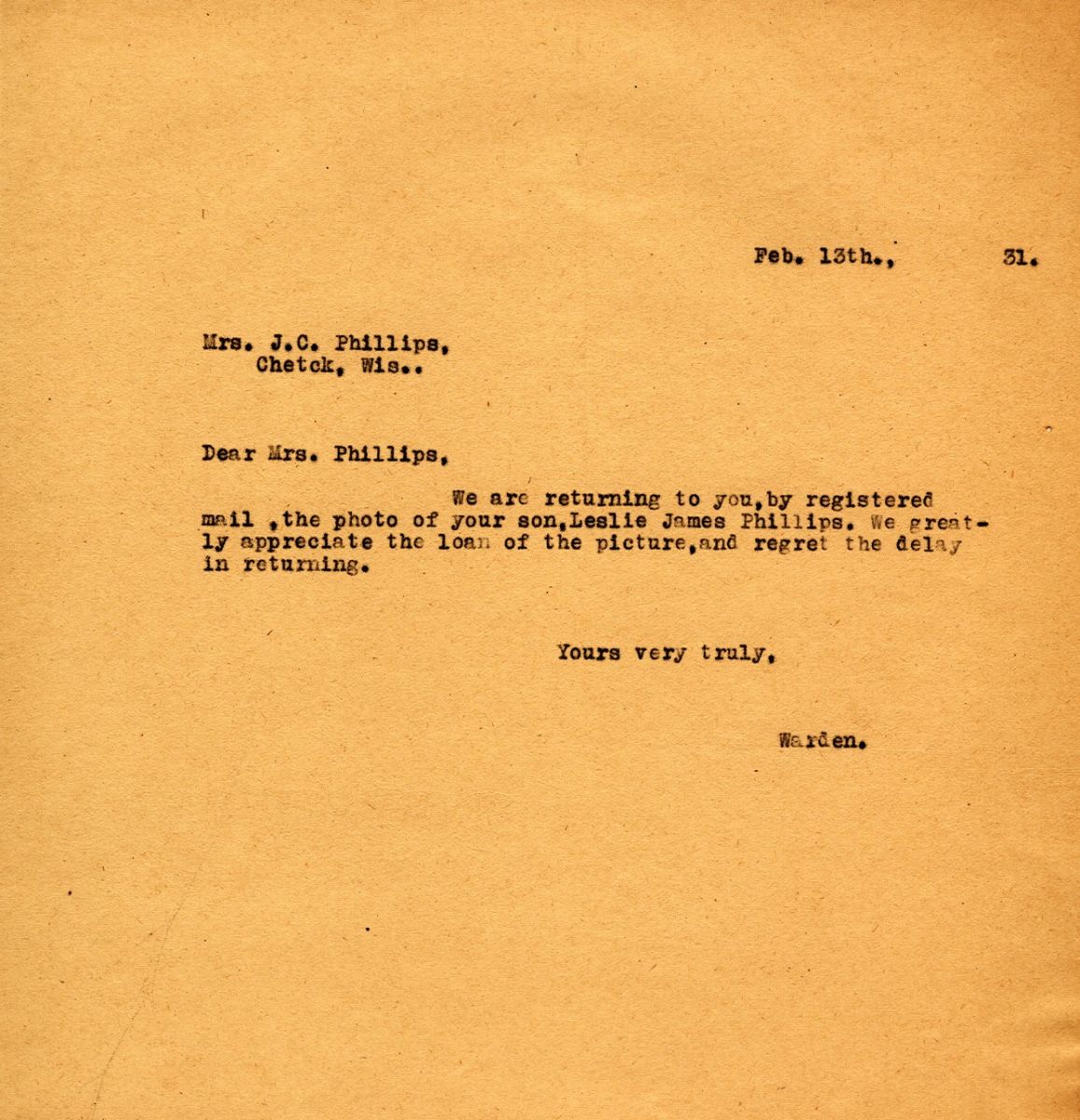 Letter from the Warden to Mrs. J.C. Phillips, 13th February 1931
