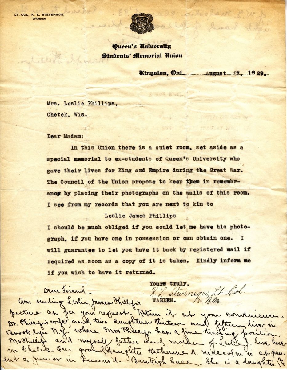 Letter from the Warden to Mrs. Leslie Phillips, 27th August 1929, Page 1