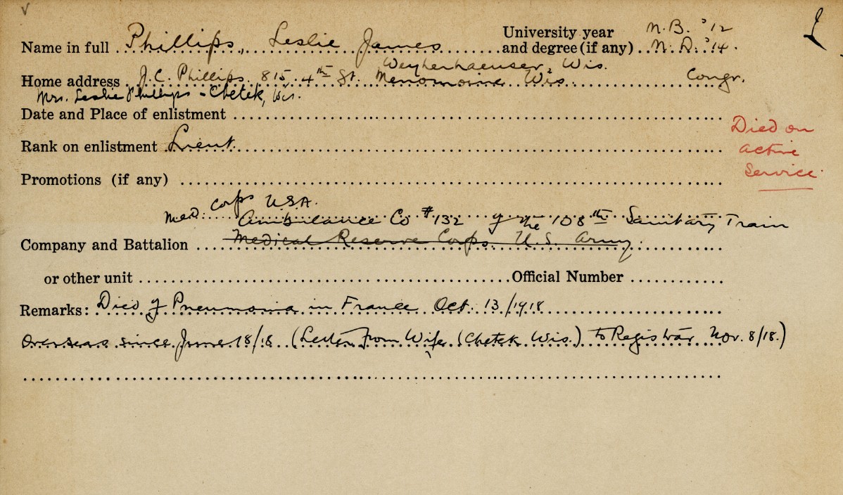 University Military Service Record of Phillips