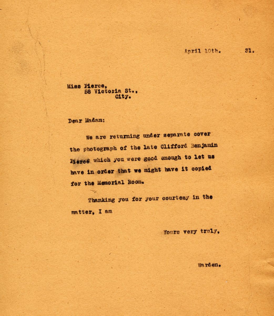 Letter from the Warden to Miss Pierce, 10th April 1931