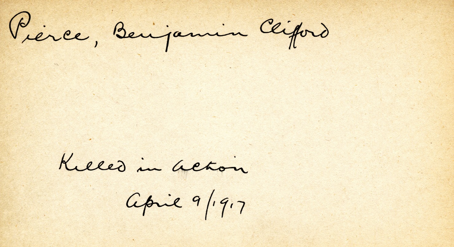 Card Describing Cause of Death of Pierce, 9th April, 1917