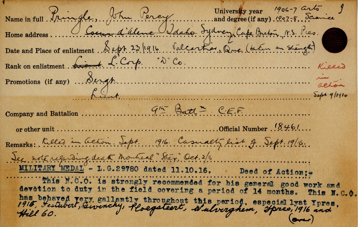 University Military Service Record of Pringle, Front Page