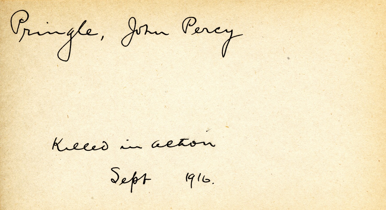 Card Describing Cause of Death of Pringle, September 1916