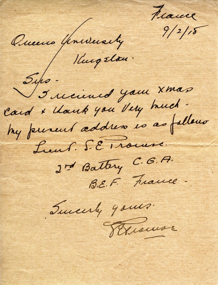 Letter from S.E. Prowse to Queen's University, 9th February 1915