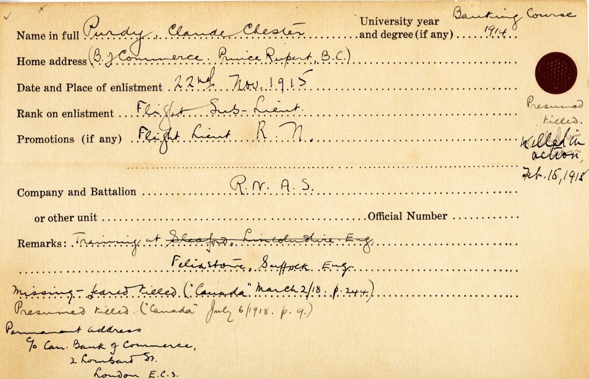 University Military Service Record of Purdy
