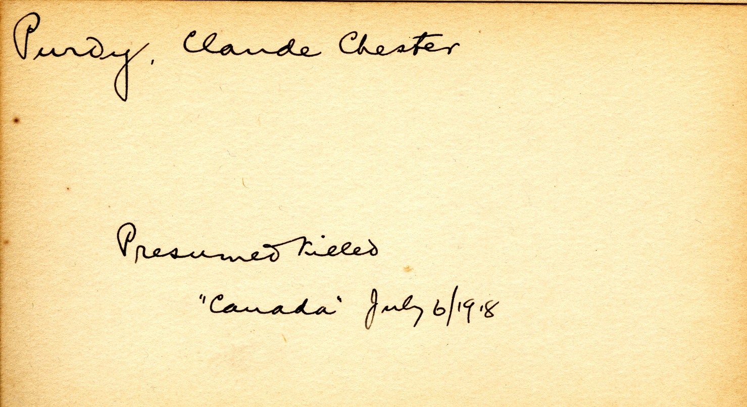 Card Describing Cause of Death of Charles Chester Purdy, 6th July 1918