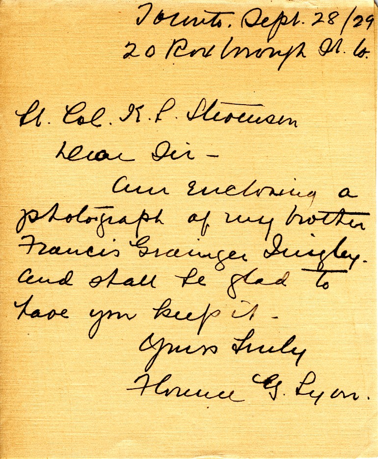 Letter from Florence G. Lyon to Lt. Col. K.L. Stevenson, 28th September 1929