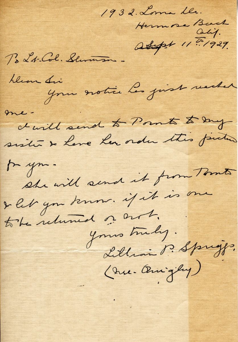 Letter from Lillian P. Springs to Lt. Col. K.L. Stevenson, 11th September 1929