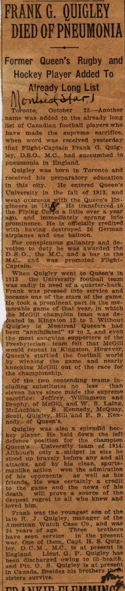 News Clipping Reporting Death of Quigley