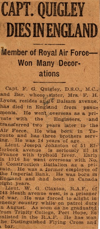 News Clipping Reporting Death of Quigley